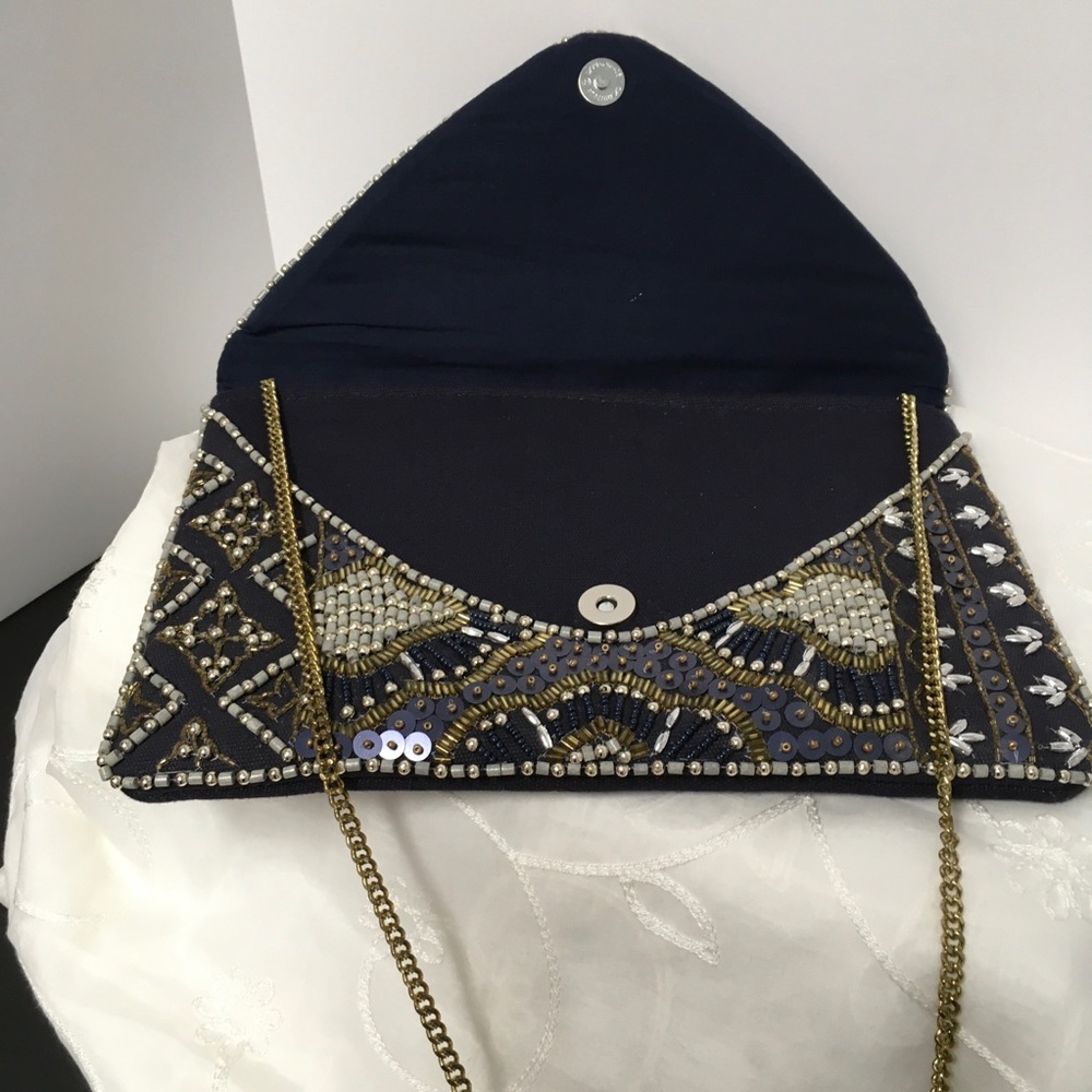Lulus Beaded Navy and Gold Envelope Crossbody Clutch - Picture 4 of 6